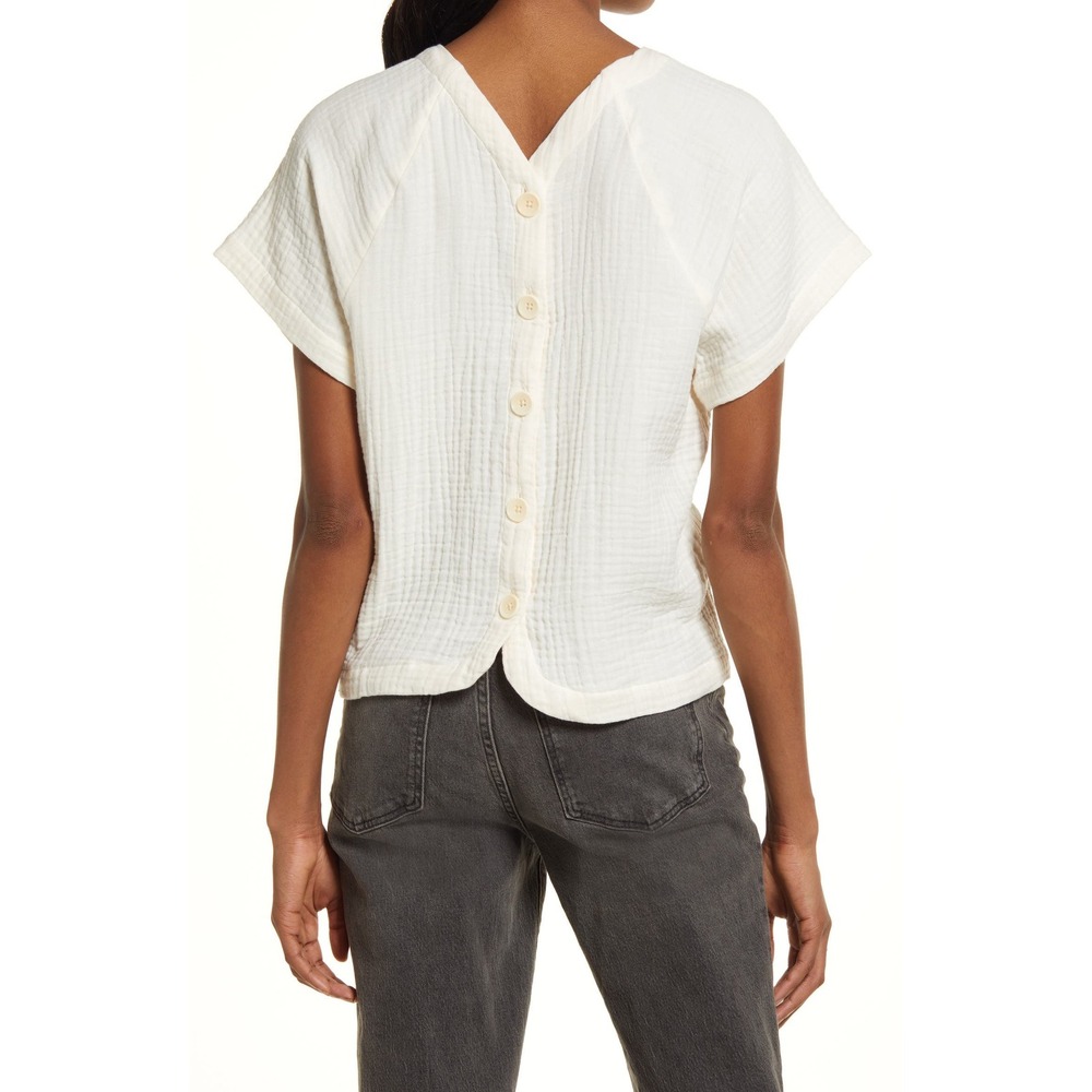 Madewell Asha Cotton Gauze Blouse Cream Back Button Short Sleeve Top Lg